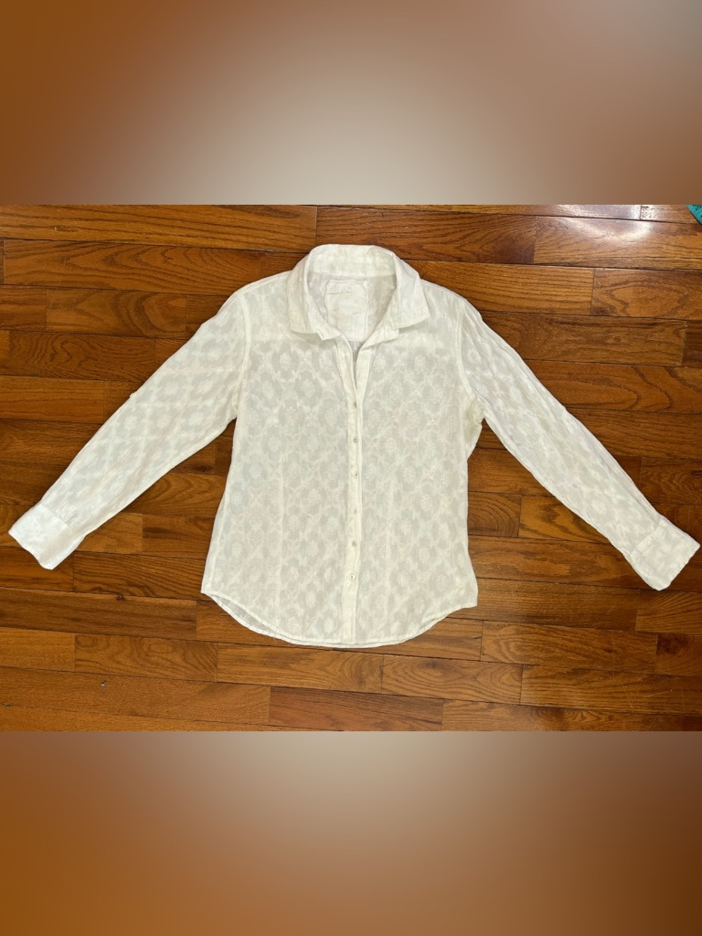 Cino White Floral Jacquard Cotton Button Down Shirt Women’s S Coastal Boho - Picture 2 of 7